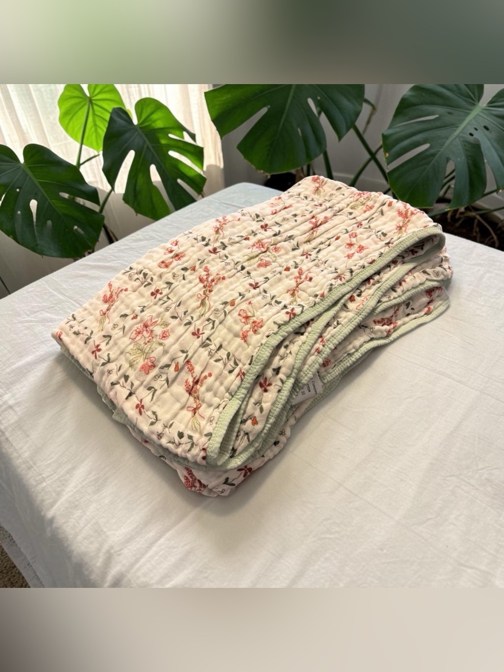 The Fleece Company Muslin Cotton Floral Wildflower Twin Throw Blanket Green Trim